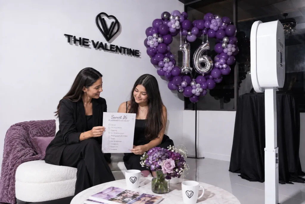 Mother and daughter planning a Sweet 16 party with purple balloon decorations and silver 16 at The Valentine